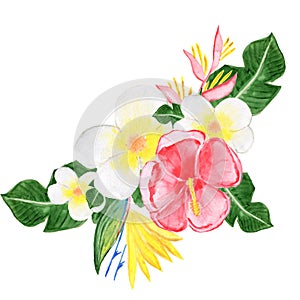Watercolor tropical composition. A bouquet of flowers and leaves. Hawaiian vivid illustration.
