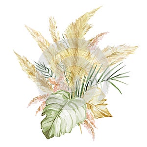 Watercolor tropical floral arragement bouquet. Luxure golden color leaves, branches and flowers in trendy boho style.