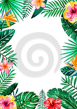 Watercolor tropical floral  border frame for wedding, anniversary, birthday, invitations, cards, dates, etc. Save the date!