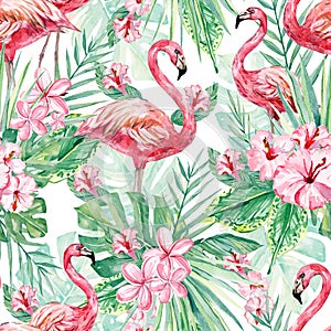 Watercolor tropical floral and flamingo seamless pattern