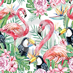 Watercolor tropical floral and flamingo seamless pattern, tropical mood, colorful exotic birdlife with floral elements leaves