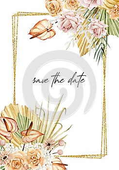 Watercolor tropical floral and flowers frame. Luxure leaves, the dried flowers,branches, rose, pampas graas and wildfloral. photo