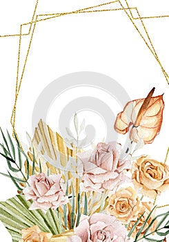 Watercolor tropical floral and flowers frame. Luxure leaves, the dried flowers,branches, rose, pampas graas and wildfloral. photo