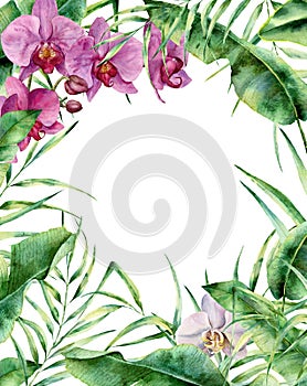 Watercolor tropical floral frame. Hand painted exotic border with palm tree leaves, banana branch and orchids isolated
