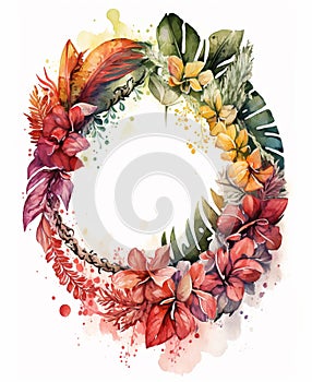 Watercolor tropical floral hawaiian garland as frame. Concept for Lei Day, National Hawaii Day or Statehood Day. Generative AI