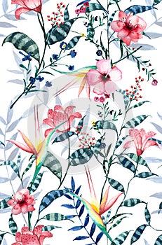 Watercolor tropical floral pattern, delicate flower wallpaper,