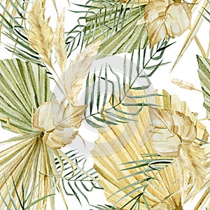 Watercolor tropical floral seamless pattern. Luxure golden color leaves, branches and flowers in trendy boho style. Retro oasis fo photo