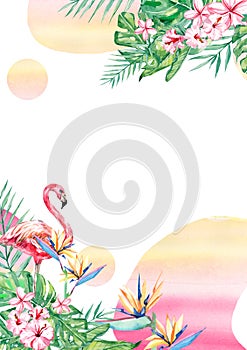 Watercolor tropical  flower, flamingo and leaf arrangement abstract border frame for wedding, anniversary, birthday, invitations