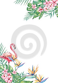 Watercolor tropical flower, flamingo and leaf arrangement border frame