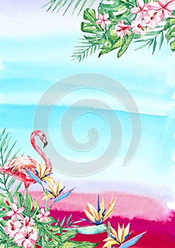 Watercolor tropical  flower, flamingo and leaf arrangement border frame