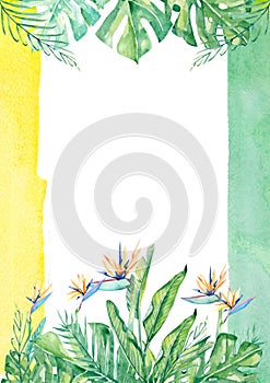 Watercolor tropical  flower and leaf arrangement summer border frame for wedding, anniversary
