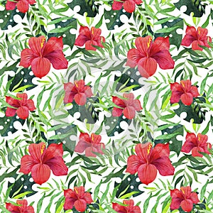 Watercolor tropical flower pattern. Pink flowers on greean leaves