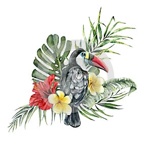 Watercolor tropical flowers bouquet and toucan. Hand painted bird, hibiscus and plumeria isolated on white background