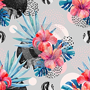 Watercolor tropical flowers on geometric background with marbling, doodle textures