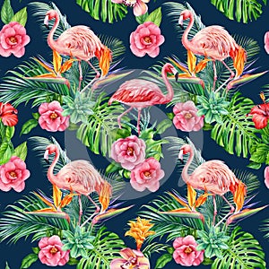 Watercolor tropical flowers, leaves and flamingos. Exotic flora, floral seamless pattern, digital paper