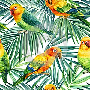 Watercolor Tropical flowers, leaves and lovebirds. Seamless pattern, floral design