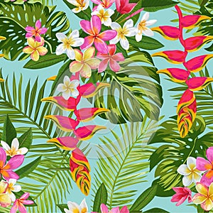 Watercolor Tropical Flowers and Palm Leaves Seamless Pattern. Floral Hand Drawn Background. Blooming Plumeria Flowers