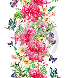 Watercolor tropical flowers seamless border