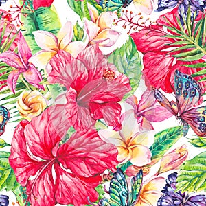 Watercolor tropical flowers seamless pattern