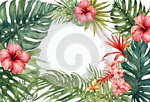 Watercolor tropical flowers summer background with leaves Generative AI.