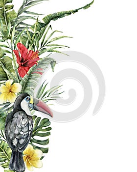 Watercolor tropical flowers and toucan card. Hand painted bird, hibiscus and plumeria isolated on white background