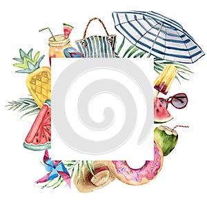 Watercolor tropical frame of beach accessories umbrella, lounge chair, bag and fruits. Hand drawn summer border isolated