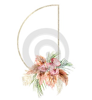 Watercolor tropical frame with bouquet of anthurium, dry pampas grass and palm leaves. Hand painted tropical flowers photo