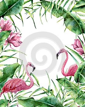 Watercolor tropical frame. Hand painted exotic floral border with palm tree leaves, banana branch, magnolia flowers and