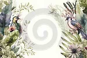 Watercolor tropical frame with parrots, leaves and flowers. Hand painted illustration