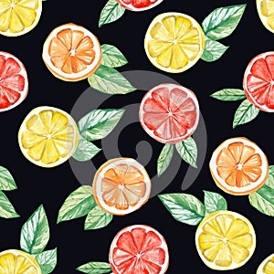 Watercolor tropical fruit pattern. lemon, orange, grapefruit print for the textile fabric, wallpaper, poster background, social me