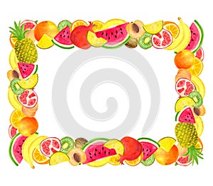 Watercolor tropical fruit rectangular frame on white background. Template with space for text. Invitation design, menu, food