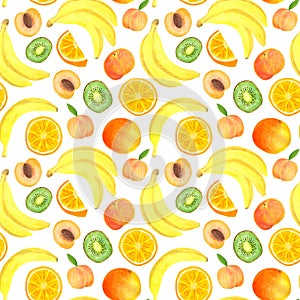 Watercolor tropical fruits seamless pattern. Hand drawn banana, kiwi slice, peach, orange isolated on white background for food