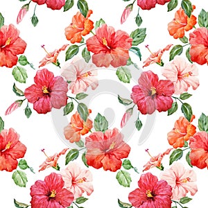 Watercolor tropical hibiscus vector pattern