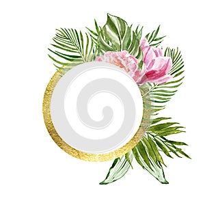 Watercolor tropical leaf illustration. Golden round frame with green exotic plants and flowers on white background