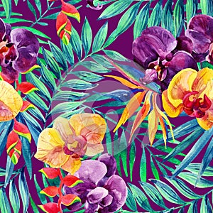 Watercolor tropical leaves and flowers seamless pattern.