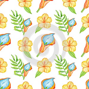 Watercolor tropical leaves and flowers seamless pattern isolated on white background. Colorful exotic floral