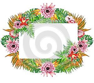 Watercolor tropical leaves and flowers wreath!Watercolor exotic floral card. Hand painted tropic frame with palm tree leaves and t