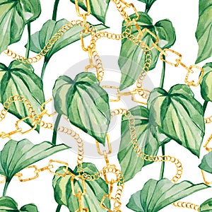 Watercolor tropical leaves and golden chain seamless pattern