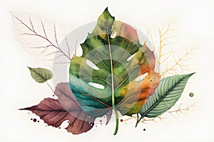 Watercolor tropical leaves. Hand drawn vector illustration on white background.