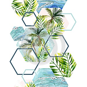 Watercolor tropical leaves and palm trees in geometric shapes seamless pattern