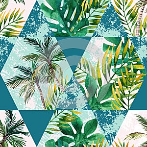 Watercolor tropical leaves and palm trees in geometric shapes seamless pattern