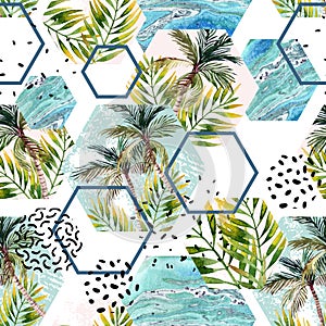 Watercolor tropical leaves and palm trees in geometric shapes seamless pattern