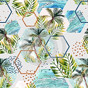 Watercolor tropical leaves and palm trees in geometric shapes seamless pattern