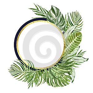 Watercolor tropical leaves and plants round frame. Golden geometric banner and green exotic foliage on white background