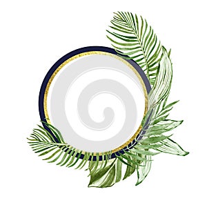 Watercolor tropical leaves round banner  with space for text, isolated. Green exotic plants illustration. Navy gold frame