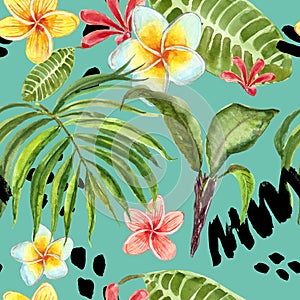 Watercolor tropical leaves seamless pattern. Hand painted palm leaf, exotic plumeria flowers and green foliage.