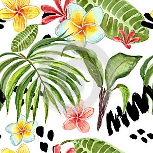 Watercolor tropical leaves seamless pattern. Hand painted palm leaf, exotic plumeria flowers and green foliage on white background