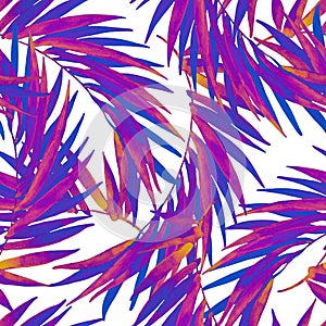 Watercolor tropical leaves seamless pattern in trendy rave colors.