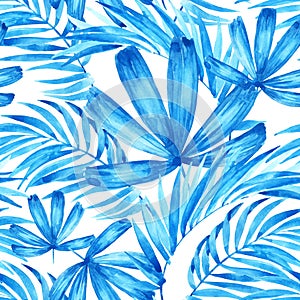 Watercolor tropical leaves seamless pattern. Watercolour palm leaves painting