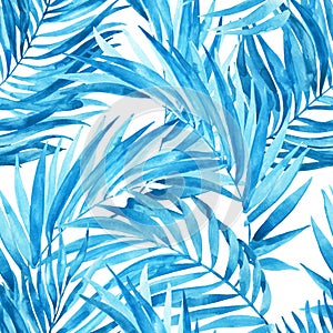 Watercolor tropical leaves seamless pattern. Watercolour palm leaves painting